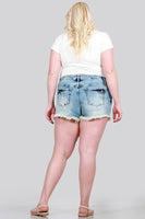 DISTRESSED MID RISE SHORTS WITH BUTTON FLY