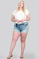 DISTRESSED MID RISE SHORTS WITH BUTTON FLY