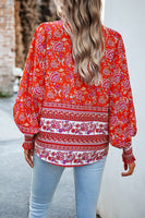 Printed Collared Neck Smocked Lantern Sleeve Shirt