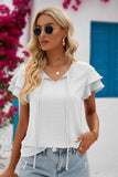 Swiss Dot Tie-Neck Flutter Sleeve Blouse