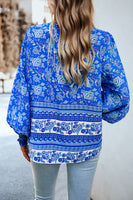 Printed Collared Neck Smocked Lantern Sleeve Shirt