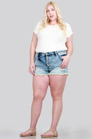 DISTRESSED MID RISE SHORTS WITH BUTTON FLY
