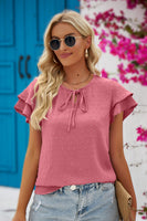 Swiss Dot Tie-Neck Flutter Sleeve Blouse