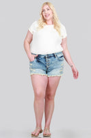 DISTRESSED MID RISE SHORTS WITH BUTTON FLY